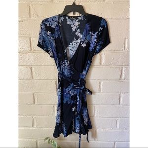 Lulus blue floral mini wrap dress.